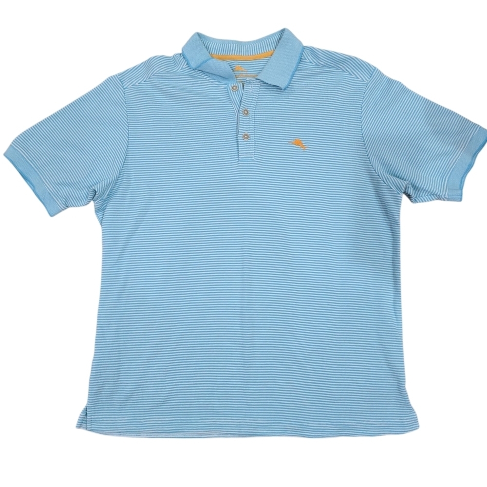 Tommy Bahama Emfielder Polo Shirt Men Size Large Blue White Stripe Marlin Logo